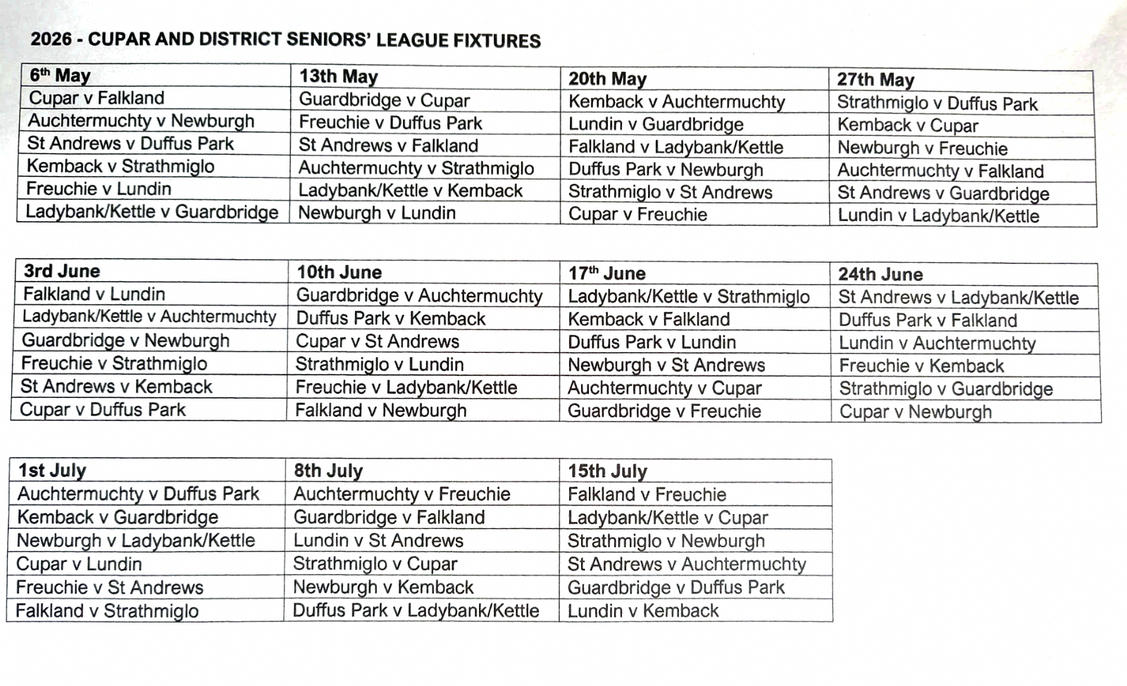 Seniors League Fixtures 2026
